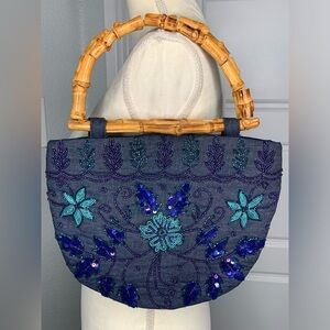 Handmade Blue Beaded Floral Bag With Bamboo‎ Handles